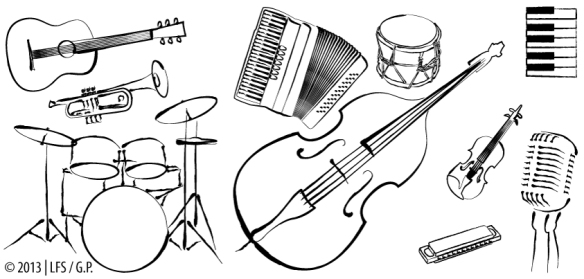 Illustration of musical instruments (double bass, acoustic guitar, trumpet, keyboard, drums, harmonica, accordion, violin, percussion) and a vintage microphone