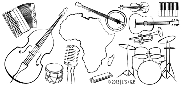 Illustration of musical instruments (double bass, acoustic guitar, trumpet, keyboard, drums, harmonica, accordion, violin, percussion, banjo), a vintage microphone and a map of Africa